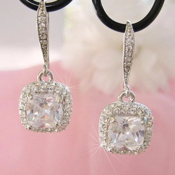 Silver Diamond CZ Cushion Cut Earrings Square Halo Drop Wedding Nadri Style - Picture 1 of 7